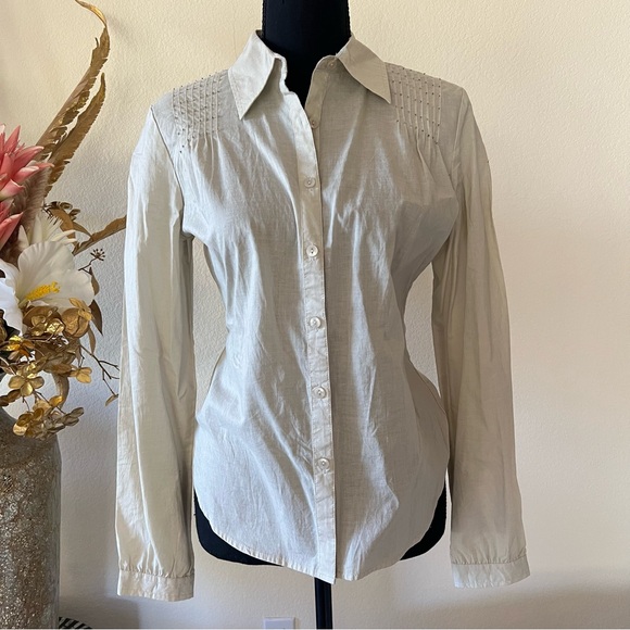 personal identity Tops - Personal Identity Y2K Beige Lightweight Fitted Button Up w Beaded Accents